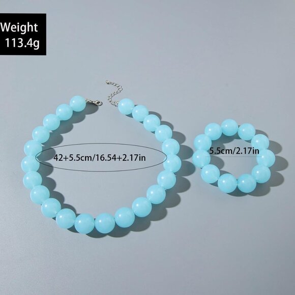 Women's Light Blue Handmade Chunky Beaded Large Round Beads Bracelet Necklace - Picture 2 of 6